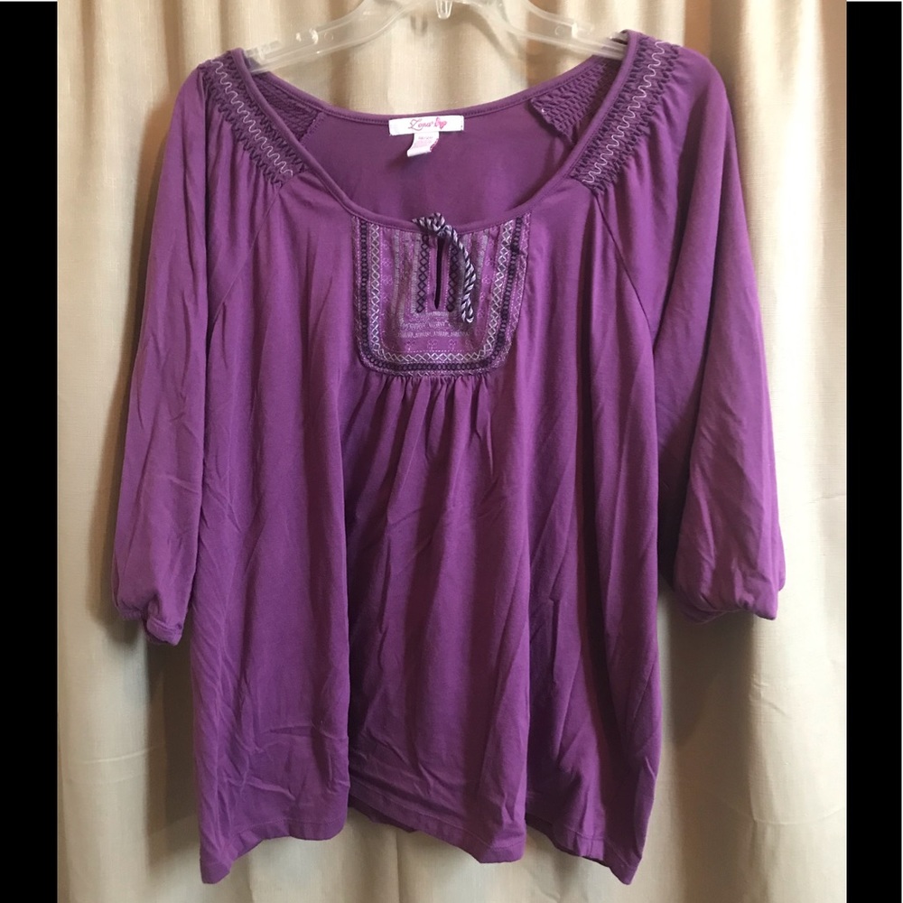 Lena Womens beautiful plum peasant type Top embellished Neckline